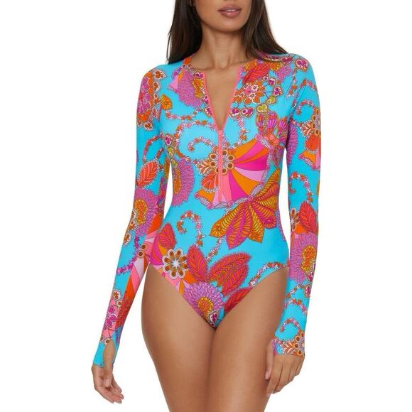 Trina Turk Women Maliana Zip Long Sleeve One-Piece Swimsuit Size XL NWT - Picture 2 of 7